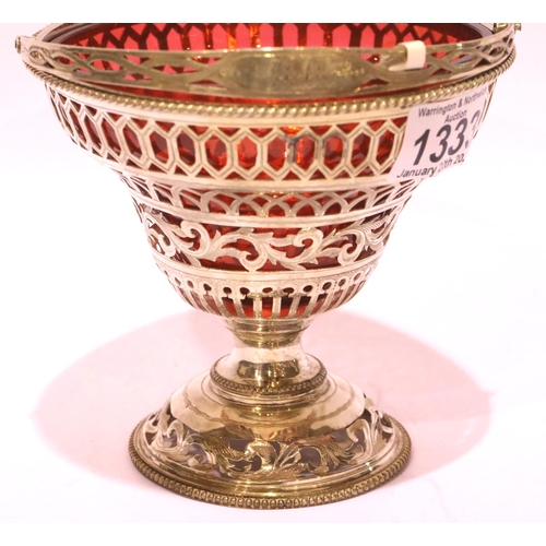 1333 - Victorian hallmarked silver and Cranberry basket, London assay 1865, 252g. Condition report: Few sur... 