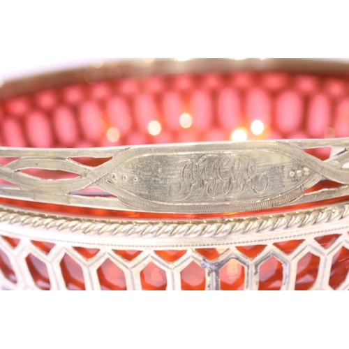 1333 - Victorian hallmarked silver and Cranberry basket, London assay 1865, 252g. Condition report: Few sur... 