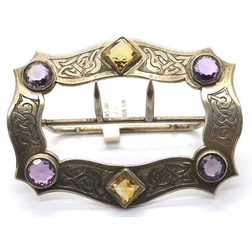 1339 - Victorian silver, amethyst and citrine buckle, Chester assay 1900, 8 x 6 cm, 43g. P&P Group 1 (£14+V... 