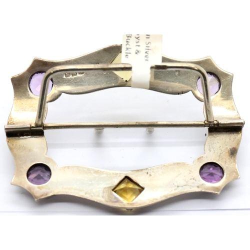 1339 - Victorian silver, amethyst and citrine buckle, Chester assay 1900, 8 x 6 cm, 43g. P&P Group 1 (£14+V... 