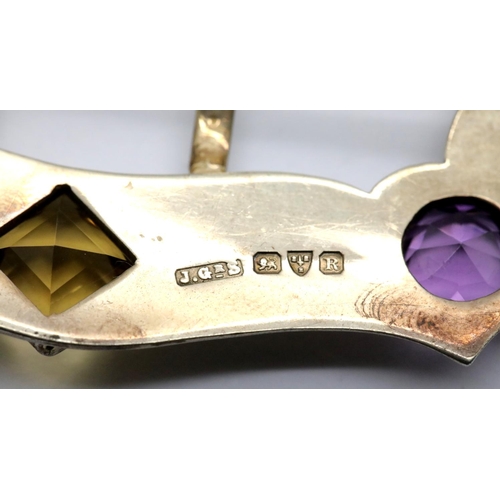 1339 - Victorian silver, amethyst and citrine buckle, Chester assay 1900, 8 x 6 cm, 43g. P&P Group 1 (£14+V... 