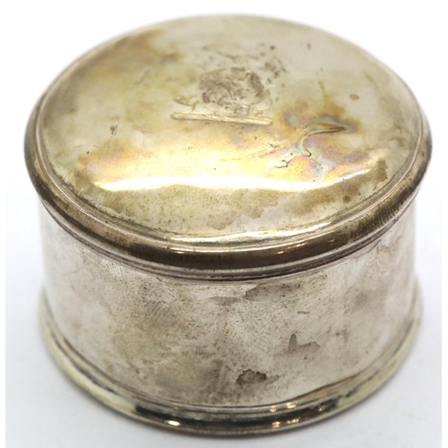 1340 - Presumed Continental silver circular box, marks indistinct. D: 5 cm, 54g. P&P Group 1 (£14+VAT for t... 