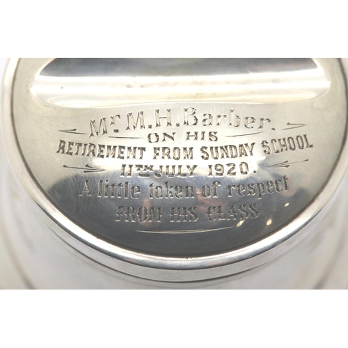 1341 - Edwardian (weighted) hallmarked silver commemorative inkwell, Birmingham assay. Dated 1904 by inscri... 