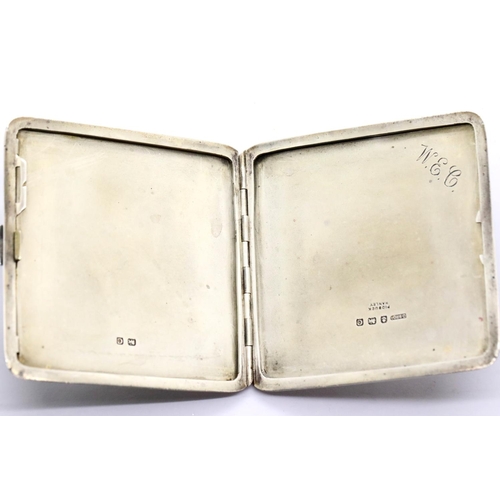 1342 - George V hallmarked silver cigarette case, engraved W.E.C to interior, 8 x 8 cm, 116g. P&P Group 1 (... 