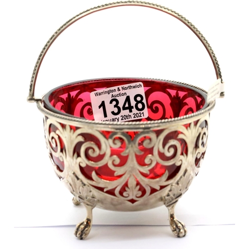 1348 - Early Victorian silver and Cranberry glass sugar basket, Birmingham assay 1839. D: 12 cm, 210g. P&P ... 