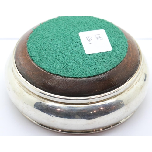 1353 - Elizabeth II hallmarked silver bottle coaster, with turned oak and green felt base. Birmingham assay... 