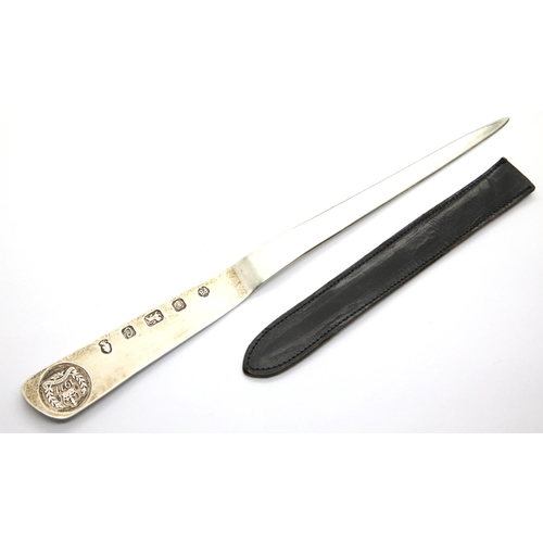 1354 - Elizabeth II hallmarked silver letter opener made for the Queen's Silver Jubilee with stitched black... 