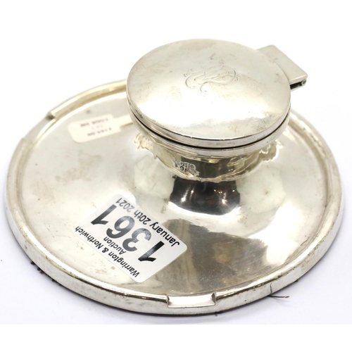 1361 - George VI (weighted) hallmarked silver Capstan inkwell, D: 13 cm. P&P Group 1 (£14+VAT for the first... 