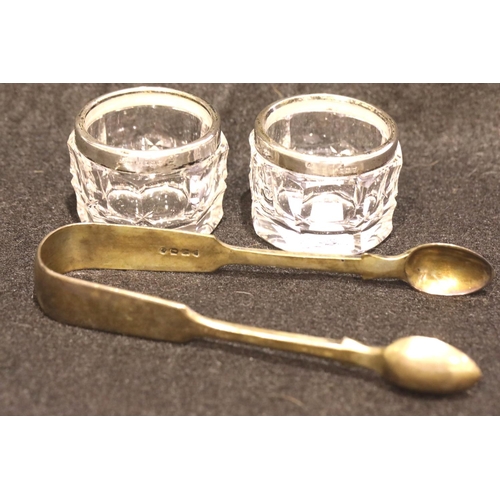 1364 - George V Victorian pair of hallmarked silver rimmed open glass salts and a pair of hallmarked sugar ... 