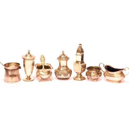 1365 - Collection of seven hallmarked silver and silver plated condiment pots including open salts and shak... 