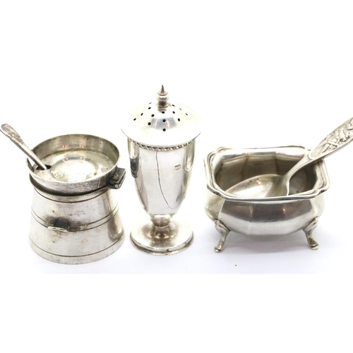 1365 - Collection of seven hallmarked silver and silver plated condiment pots including open salts and shak... 