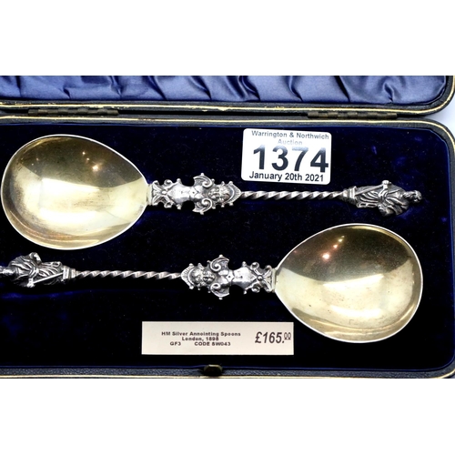 1374 - Victorian hallmarked silver pair of anointing spoons, London assay 1898, L: 18 cm, combined 90g. P&P... 