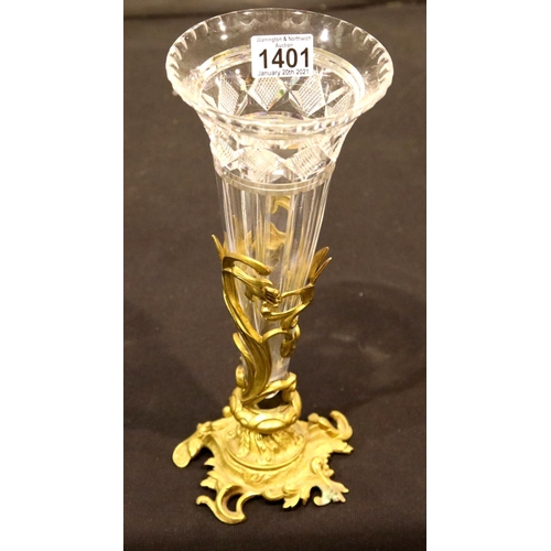 1401 - 19th century French cut glass conical Escalier de Cristal vase raised in an ornate ormolu stand, H: ... 