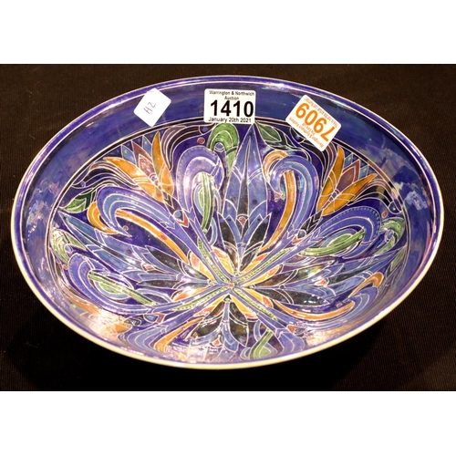 1410 - Julia Carter Preston, a large lustre glazed sgraffito decorated bowl, D: 29 cm. P&P Group 3 (£25+VAT... 