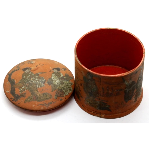 1474 - Antique Japanese papier mache lidded pot with painted scenes, H: 8 cm. P&P Group 1 (£14+VAT for the ... 