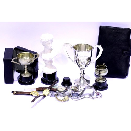 1135 - Mixed silver plated trophies, vintage wristwatches and other collectables. P&P Group 2 (£18+VAT for ... 