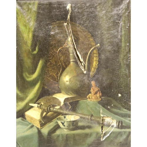 1583 - Alexander Cornelis Sleeswijk Dutch (1870-1945) Still life with Axe and Tin Flask. Badly damaged imag... 