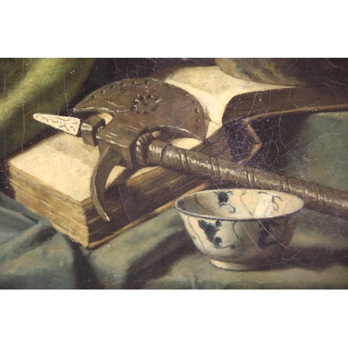 1583 - Alexander Cornelis Sleeswijk Dutch (1870-1945) Still life with Axe and Tin Flask. Badly damaged imag... 