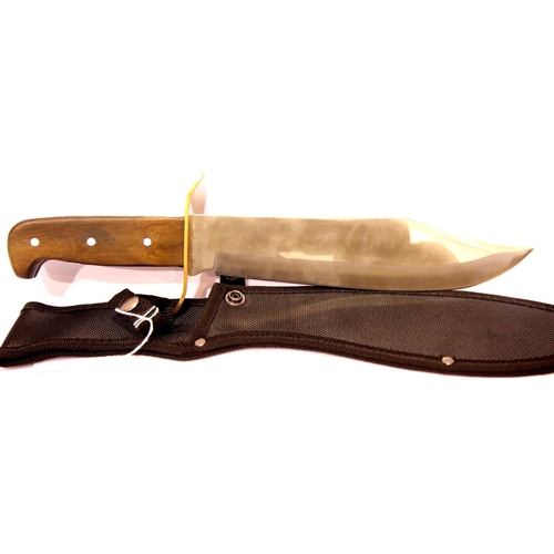 1397 - Large Bowie type knife with wooden handle, in sheath. P&P Group 1 (£14+VAT for the first lot and £1+... 