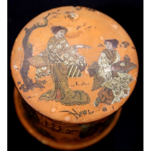 1474 - Antique Japanese papier mache lidded pot with painted scenes, H: 8 cm. P&P Group 1 (£14+VAT for the ... 