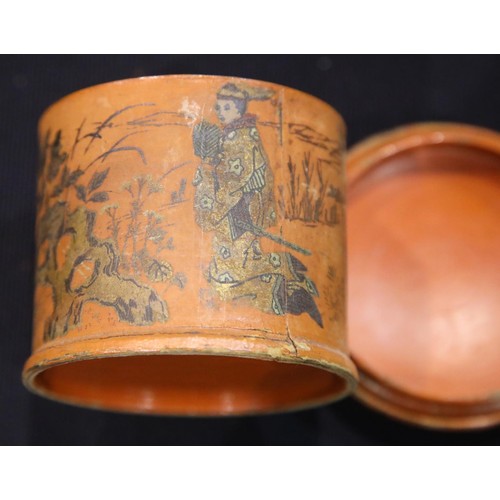 1474 - Antique Japanese papier mache lidded pot with painted scenes, H: 8 cm. P&P Group 1 (£14+VAT for the ... 