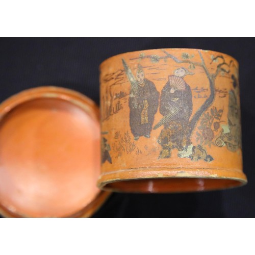 1474 - Antique Japanese papier mache lidded pot with painted scenes, H: 8 cm. P&P Group 1 (£14+VAT for the ... 