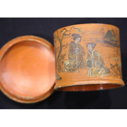 1474 - Antique Japanese papier mache lidded pot with painted scenes, H: 8 cm. P&P Group 1 (£14+VAT for the ... 