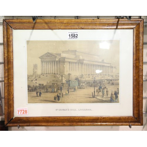 1582 - Antique hand tinted lithograph of St George's Hall Liverpool, 30 x 40 cm. P&P Group 3 (£25+VAT for t... 