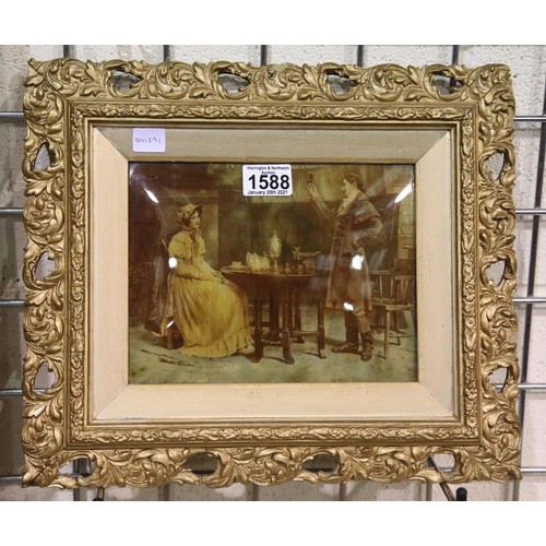 1588 - An Edwardian crystoleum depicting a lady and gentleman at tea, gilt framed, 23 x 17 cm. P&P Group 3 ... 