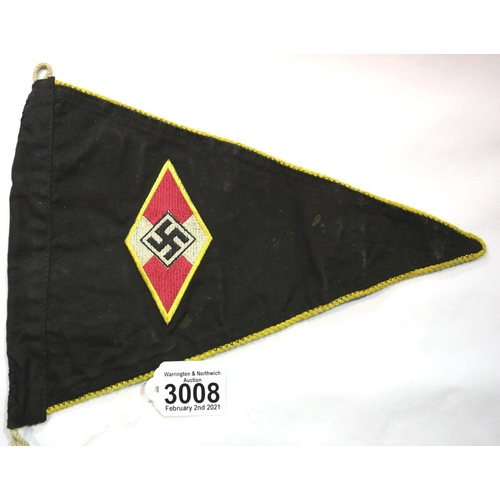 3008 - German Third reich type Hitler Youth member's embroidered pennant with braided edge, L: 30 cm. P&P G... 