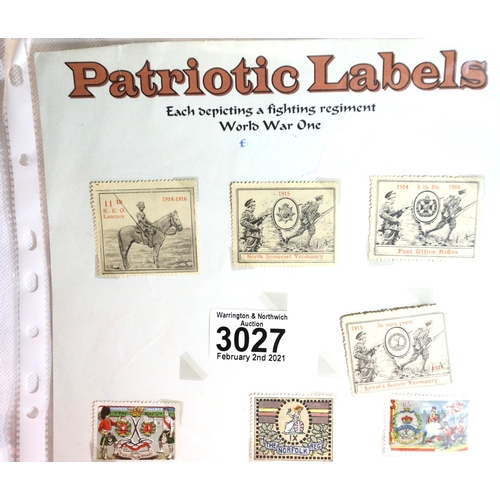 3027 - Patriotic Labels; seven postage stamps, each depicting a fighting regiment in WWI. P&P Group 1 (£14+... 