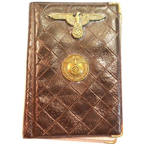 3040 - German WWII type SS inspired leather covered photograph album (empty), the cover mounted with eagle ... 