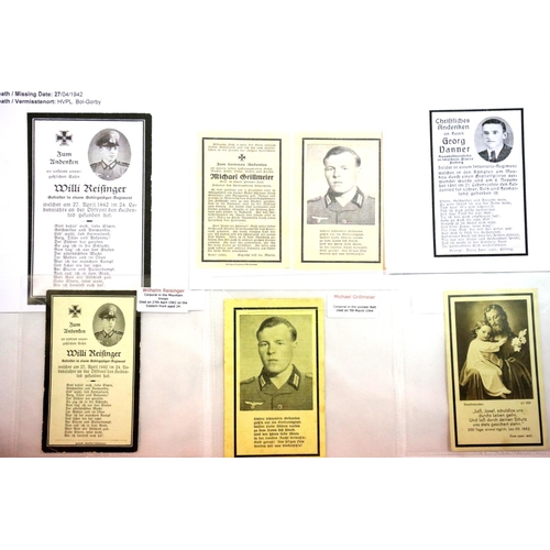 3043 - Three German WWII type wartime obituary notice cards, relating to Willi Reisinger, Michael Grillmeie... 