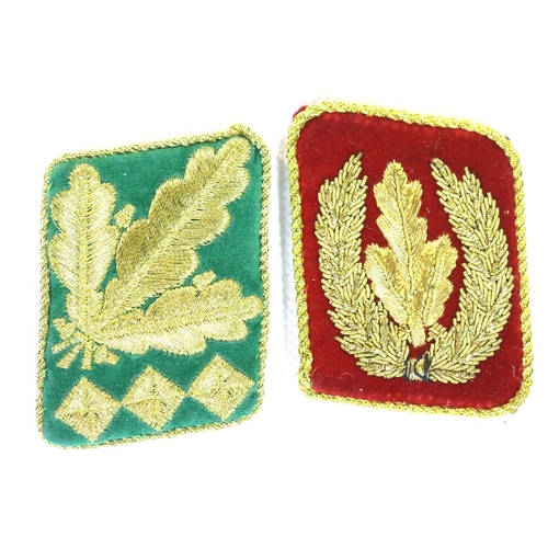 3085 - German third Reich type SA Brownshirts pair of collar tabs, gold embroidered on green and red flashe... 