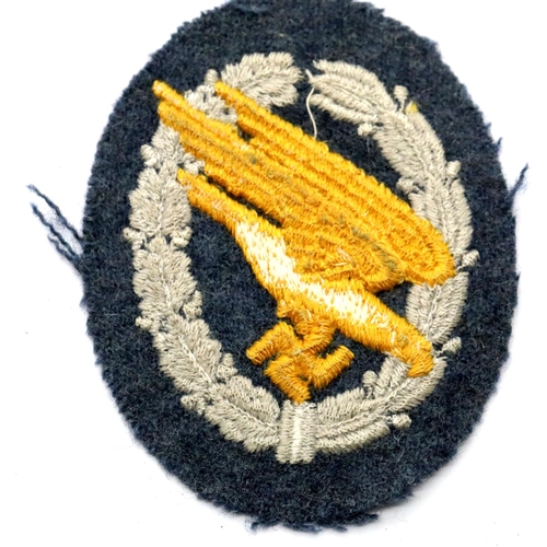 3114 - German WWII type Luftwaffe embroidered Paratrooper uniform patch. P&P Group 1 (£14+VAT for the first... 