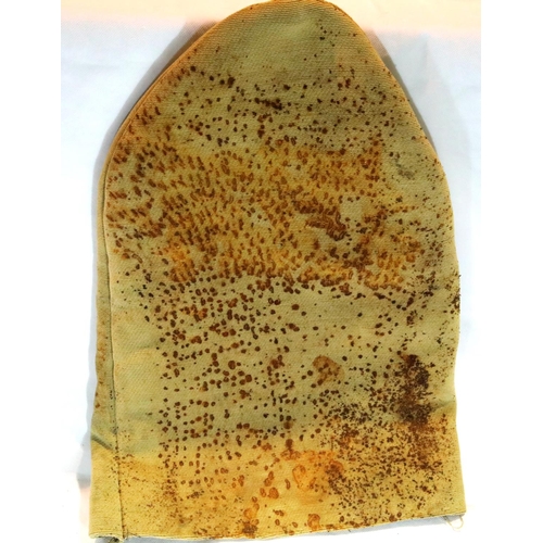 3168 - British WWI type cloth gas hood with plastic lens, heavily discoloured. P&P Group 1 (£14+VAT for the... 