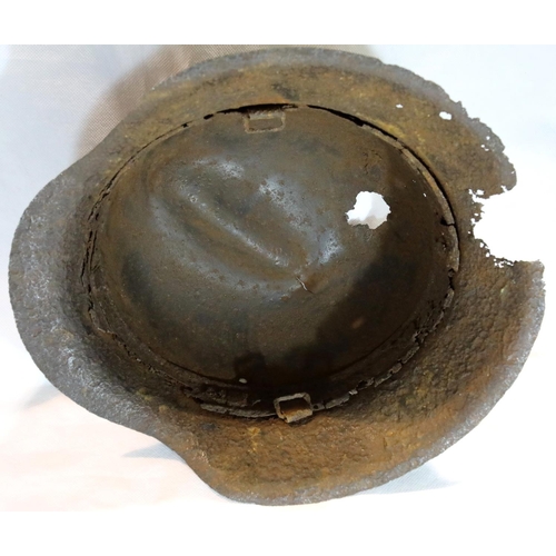 3169 - German WWII relic SS M40 raw edge stahlhelm found at Hurtgen Forest, large dent to crown and rusted ... 