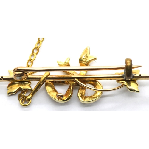 1036 - 15ct gold pearl set brooch, L: 3.5 cm, 3.3g. P&P Group 1 (£14+VAT for the first lot and £1+VAT for s... 