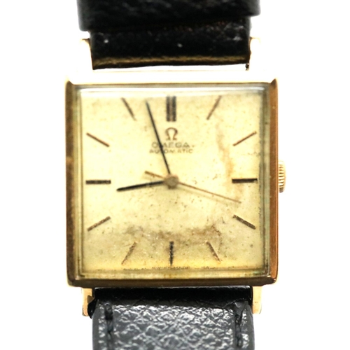 1109 - 1960s square 9ct gold gents Omega Automatic wristwatch on a leather strap with steel back. P&P Group... 