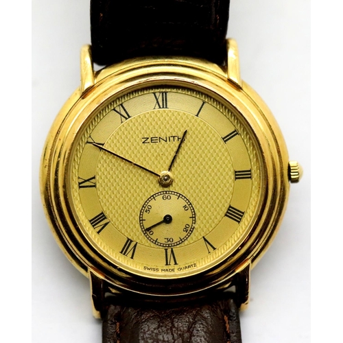 1111 - Zenith gents Cosmopolitan wristwatch with gold plated case, gold dial and subsidiary second dial at ... 