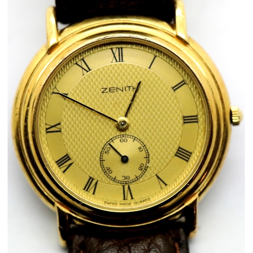 1111 - Zenith gents Cosmopolitan wristwatch with gold plated case, gold dial and subsidiary second dial at ... 