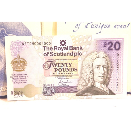 1186 - Four Queen Mother's 100th birthday £20 notes. P&P Group 1 (£14+VAT for the first lot and £1+VAT for ... 