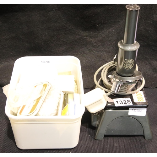 1328 - C Baker London microscope with a box of slides. Not available for in-house P&P, contact Paul O'Hea a... 