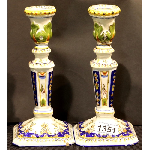 1351 - Pair of Italian Faience candlesticks, H: 23 cm, one top re-glued. P&P Group 2 (£18+VAT for the first... 