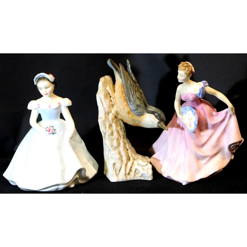 1370 - Royal Doulton figurines Invitations HN 2170 and The Bridesmaid HN 2196 and a Goebel Nuthatch. P&P Gr... 