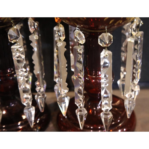 1395 - Pair of Victorian ruby glass lustres with cut clear glass drops, H: 34 cm, in good condition and com... 