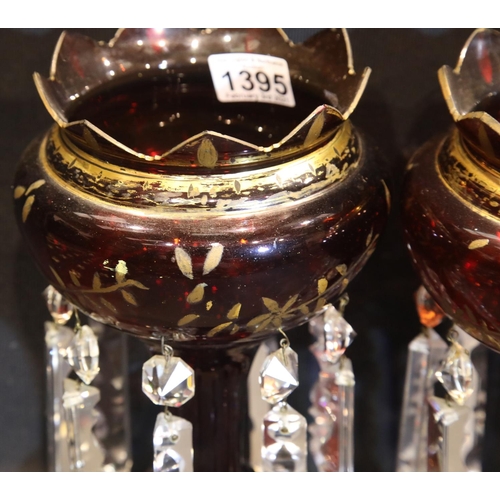 1395 - Pair of Victorian ruby glass lustres with cut clear glass drops, H: 34 cm, in good condition and com... 