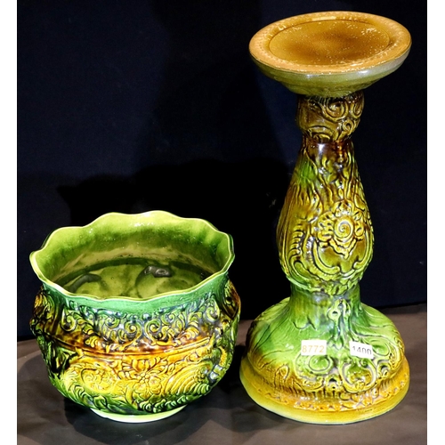 1400 - Majolica jardiniere and pedestal, overall H: 81 cm. Not available for in-house P&P, contact Paul O'H... 