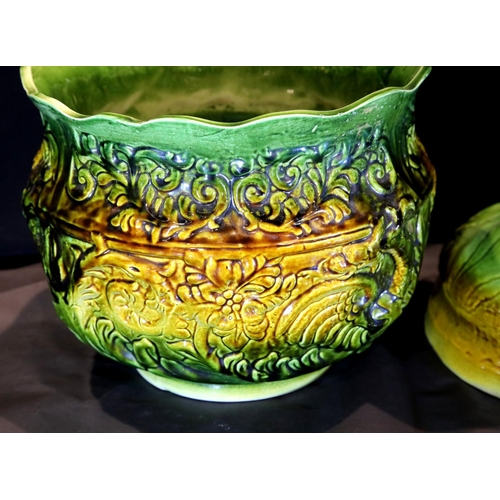 1400 - Majolica jardiniere and pedestal, overall H: 81 cm. Not available for in-house P&P, contact Paul O'H... 