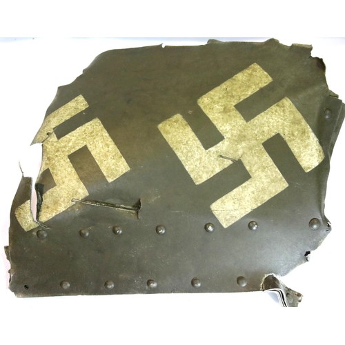 3063 - Panel cut from a British WWII Hurricane or Spitfire, with two German Kill Tally marks, 27 x 24 cm. P... 